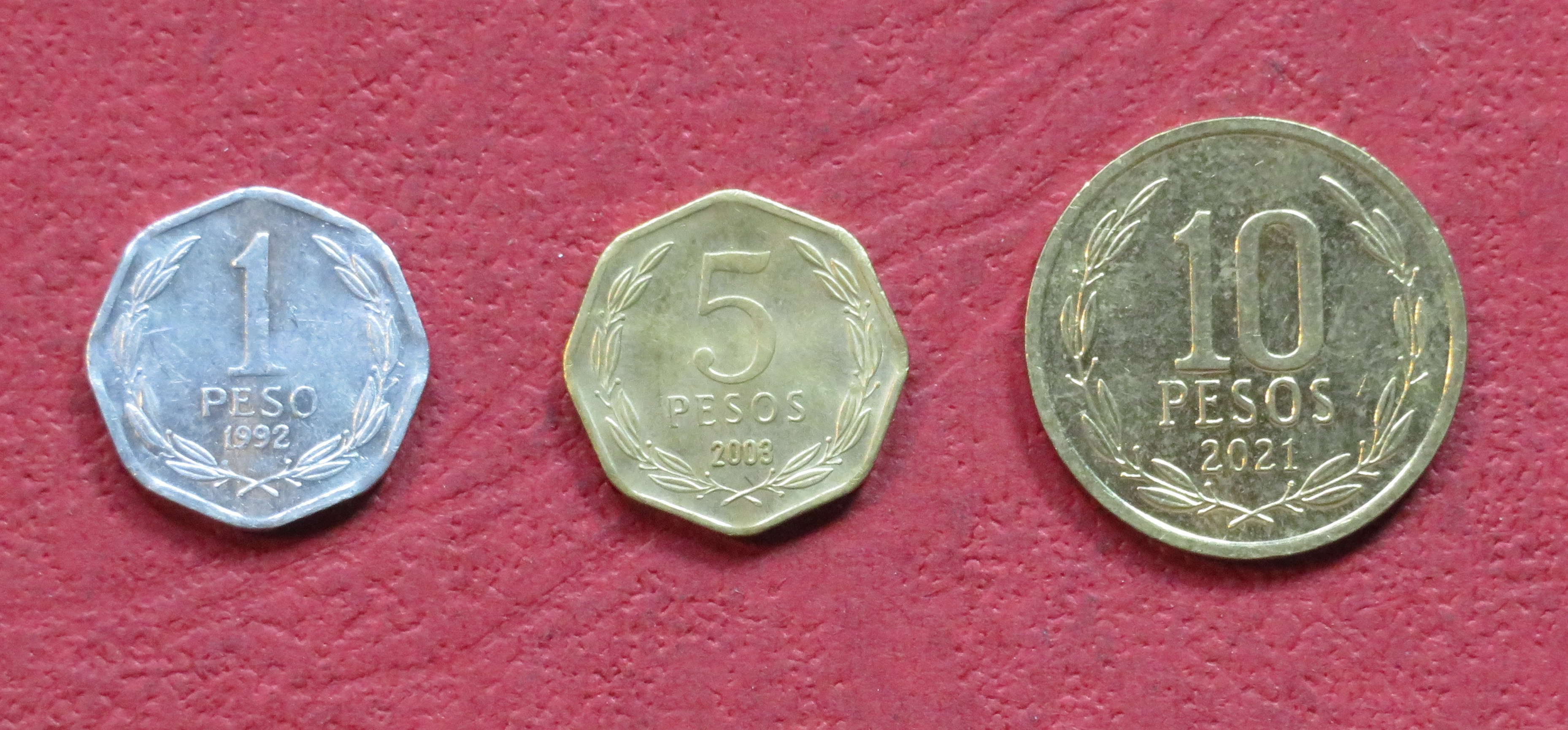 Chile, Set Nr. 5: set of 3 coins, 1-10 Pesos, since 1990, circulated (USED / VF)