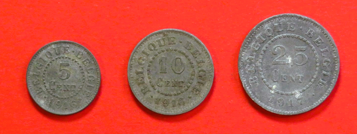 Belgium - Set 5:  5/10/25 Centimes (zinc), 1915-1917, circulated (USED / vf)