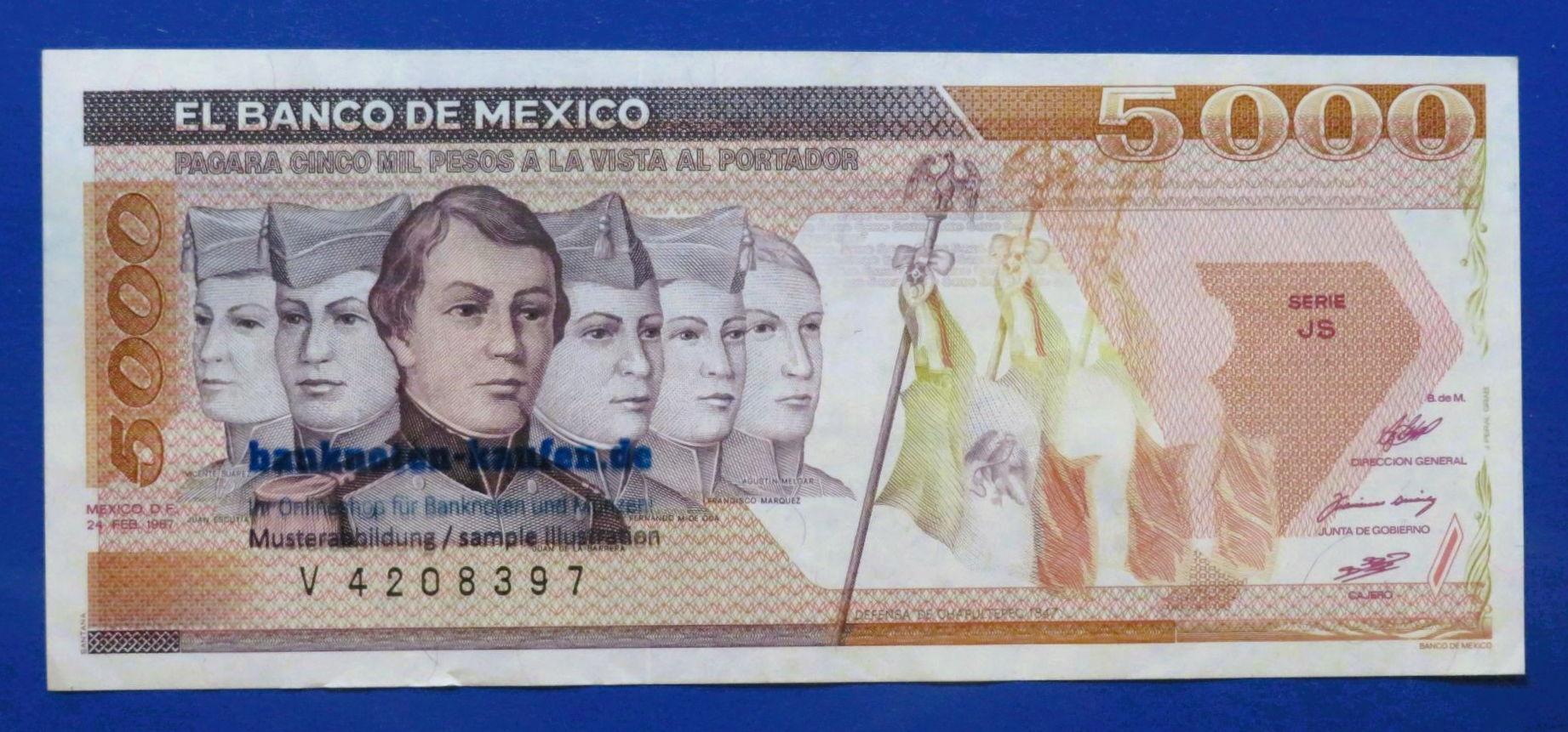 Mexico - 5,000 Pesos, 1987, circulated (USED / XF), P-88b