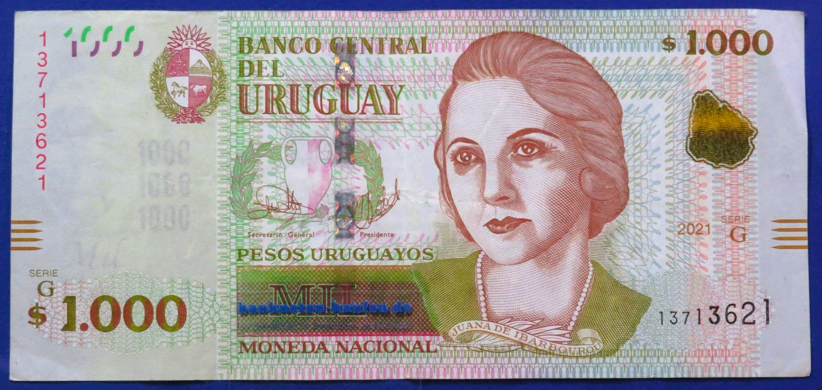 Uruguay - 1,000 Pesos Uruguayos, 2021, circulated (USED / VF), P-98c
