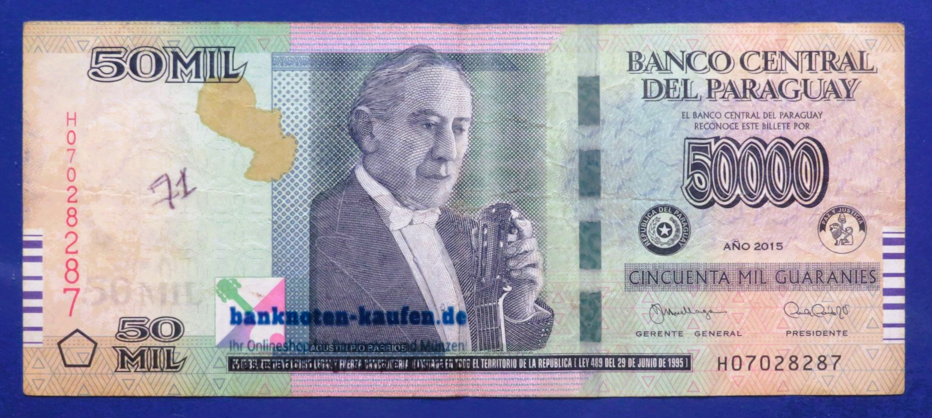 Paraguay - 50,000 Guaranies, 2015, circulated (USED / F), P-239