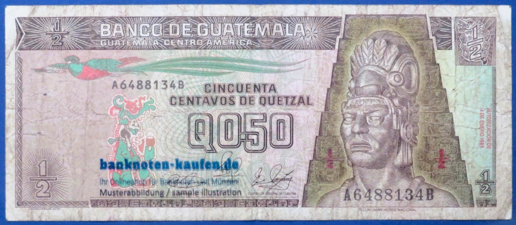 Guatemala, ½ Quetzal, 1989, gebraucht (USED / F), P-72a