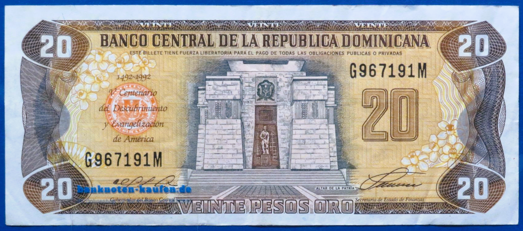 Dominikanische Republik, 20 Pesos oro, 1992, gebraucht (USED / VF), Gedenkausgabe, P-139