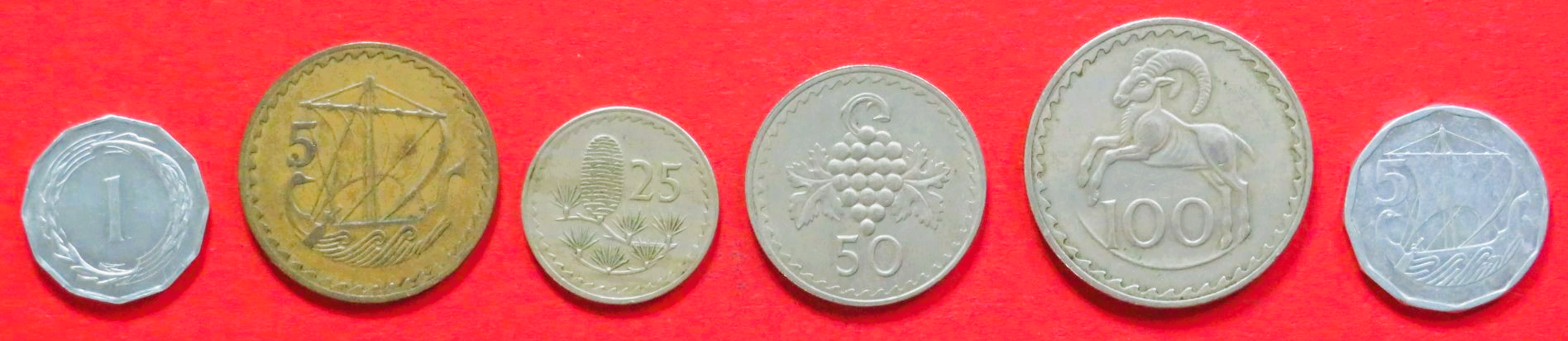 Zypern - Set 1:  1/5/5/25/50/100 Mils, 1963-1982, gebraucht (used / ss+), # 38-42, 51