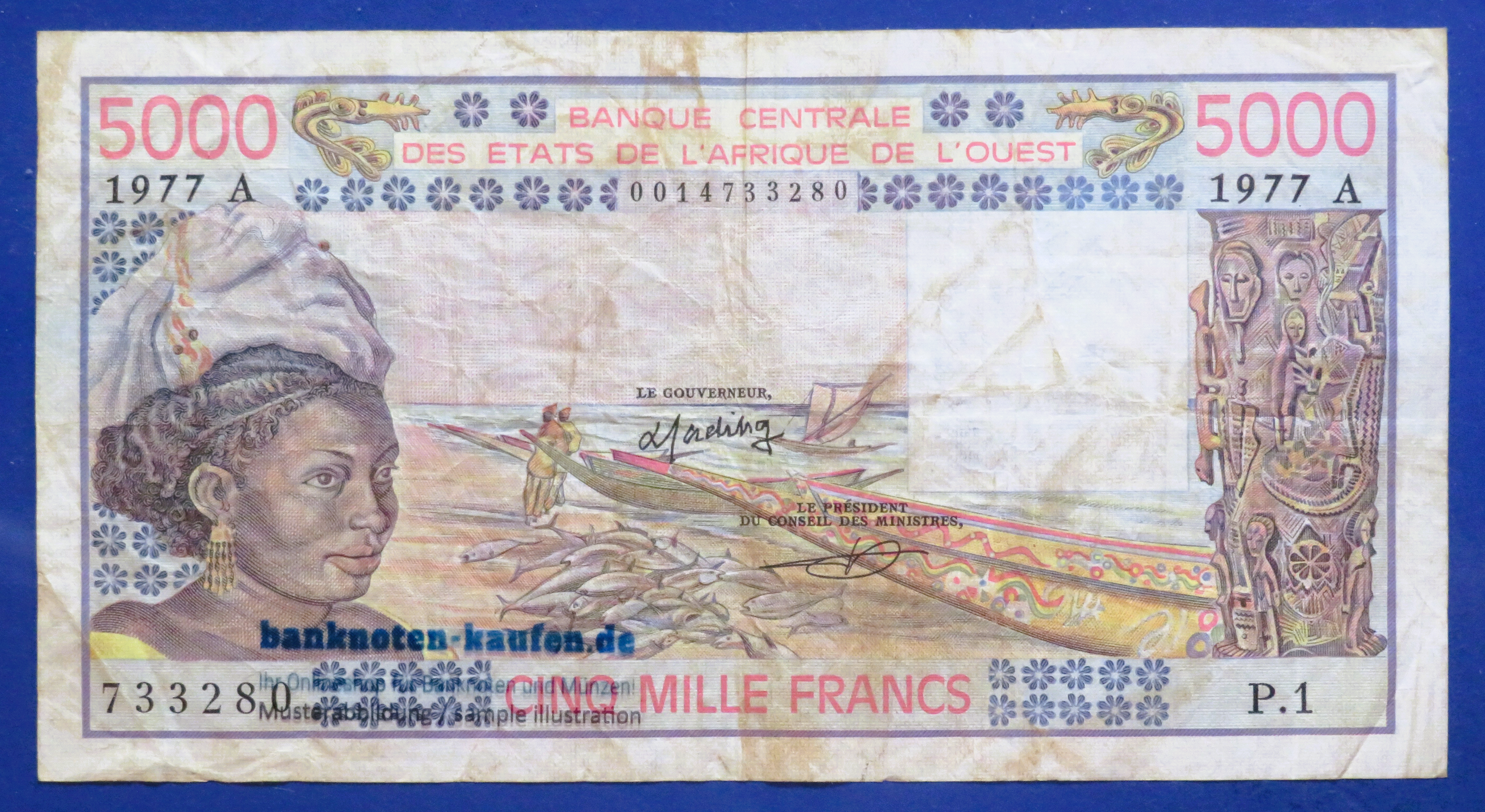 West African States - 5,000 Francs, 1977, circulated (USED / VF-), P-108Ae