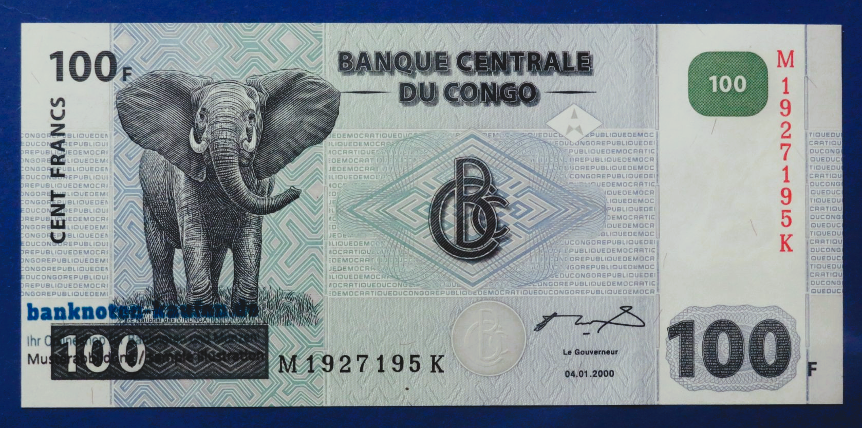 Congo D.R., 100 Francs, 2000, about uncirculated (AU), P-92
