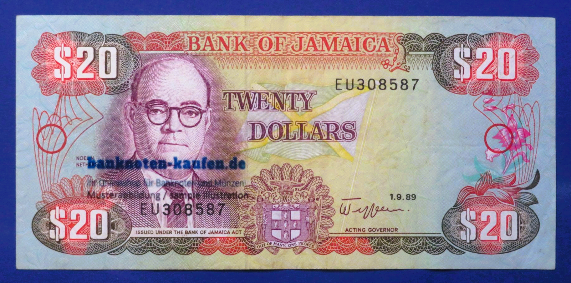 Jamaica, 20 Dollars, 1989, circulated (USED / VF), P-72c