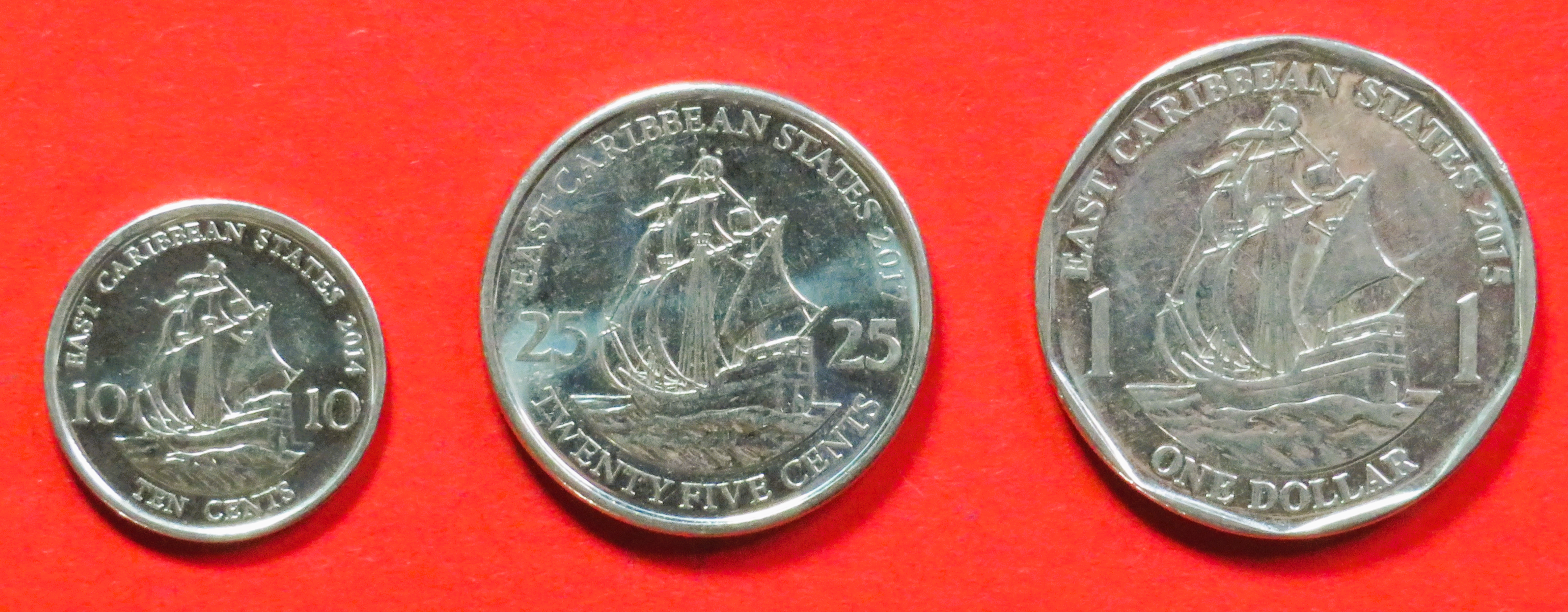 Ostkaribische Staaten - Set 5: 10/25Cents + 1 Dollar, 2009+, gebraucht (used / ss+), # 38a-40a