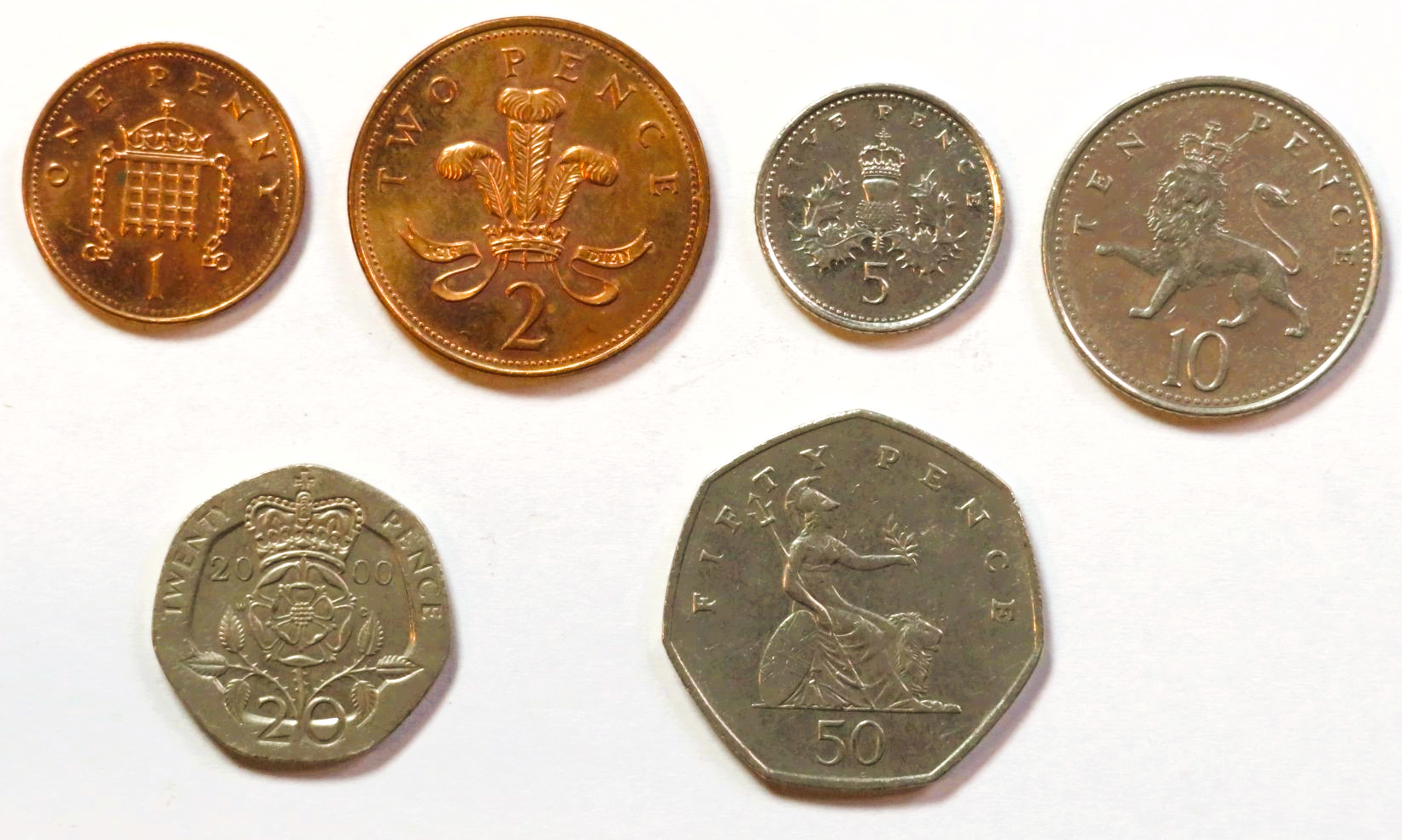 Great Britain - Set 7: 6 coins, 1-50 Pence, 1998-2009, circulated (USED / vf) 