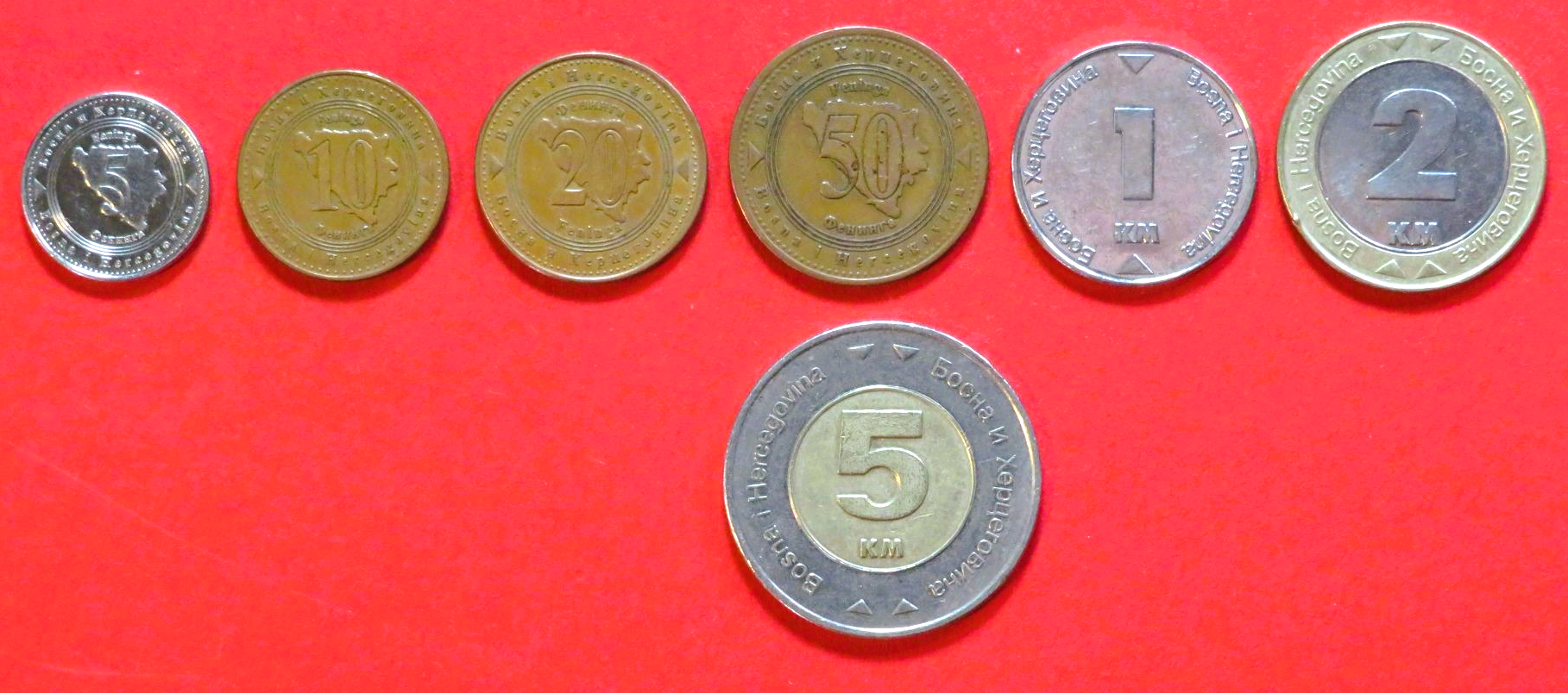 Bosnia-Herzegovina - Set 1: 5/10/20/50 Feninga + 1/2/5 Maraka, 1998+, circulated (used / vf+)