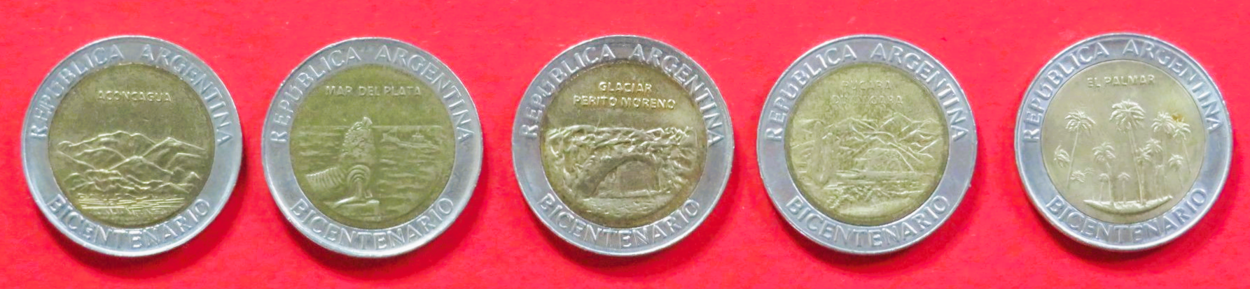 Argentina - Set 14:  5x1 Peso, 2010, circulated (used / vf-xf), Commemorative issue, # 165-169