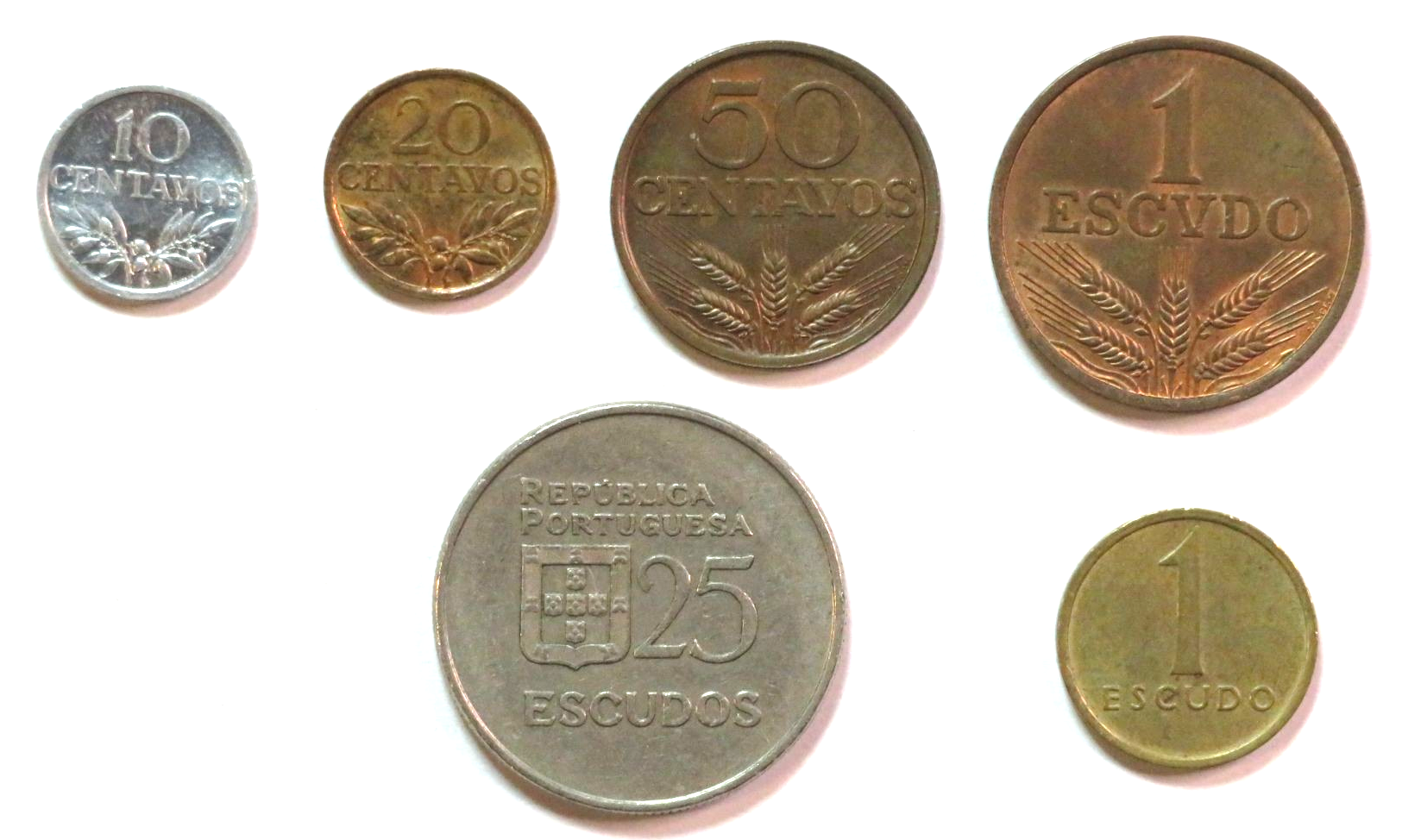 Portugal - Set 3: set of 6 coins, 0,1/0,2/0,5/1/1/25 Escudos, 1969-1986, circulated (USED / vf)