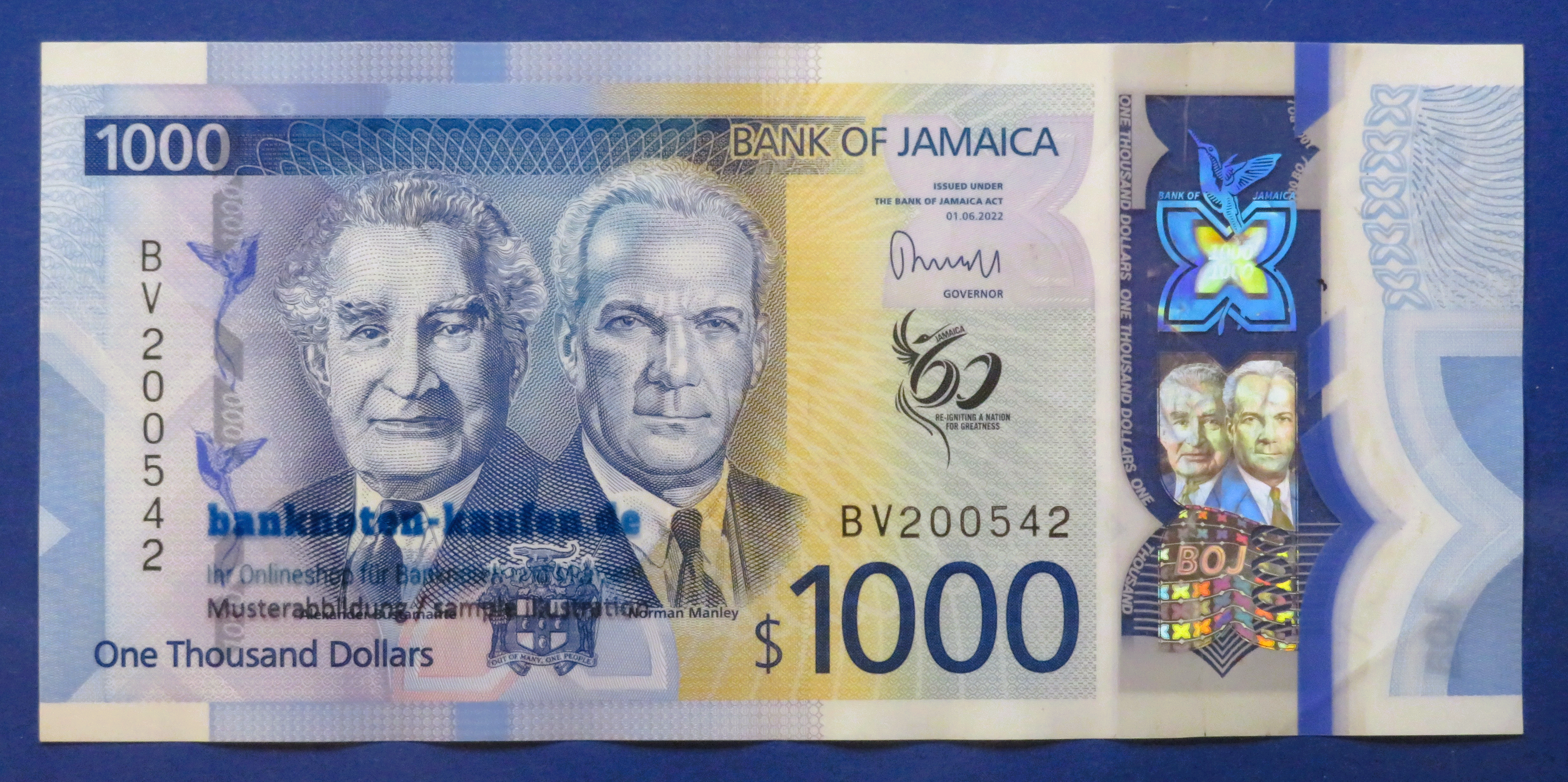 Jamaica - 1,000 Dollars, 2022, circulated (USED / F-VF), Polymer, Commemorative issue