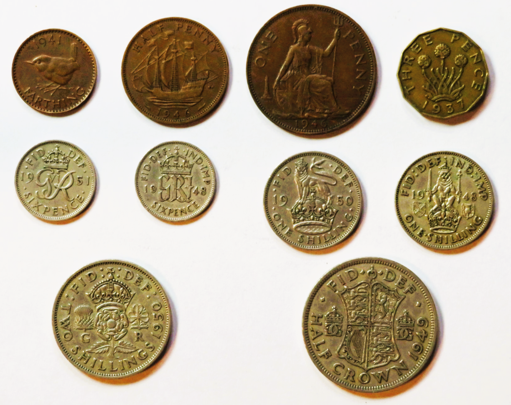 Great Britain - Set 2: 10 coins, 1/4p - 1/2 Crown, 1936-1952, circulated (USED / f), George VI.