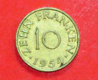 Saarland: 10 Franken, 1954, gebraucht (used / ss), # 1