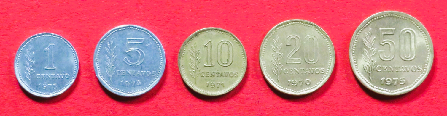 Argentina - Set 5:  1/5/10/20/50 Centavos, 1970-1976, circulated (used / vf), # 64-68