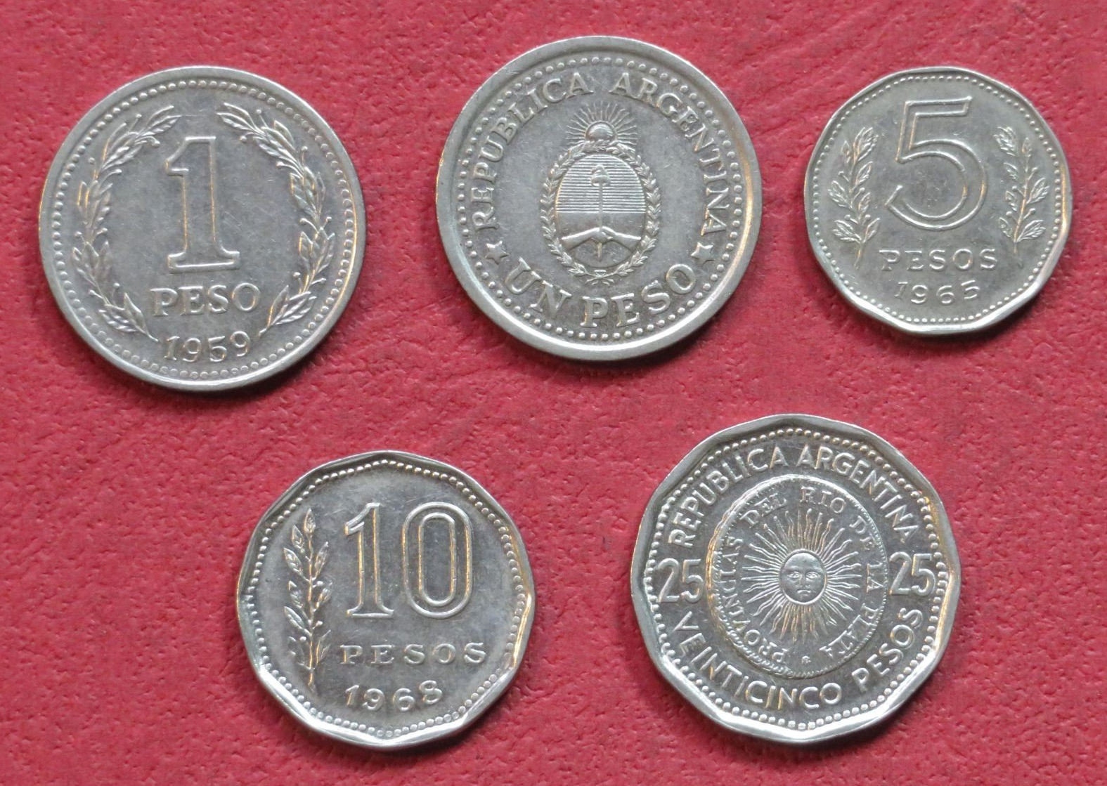 Argentinia - Set 2: Set of 5 coins, 1-25 Pesos, 1957-1968, USED