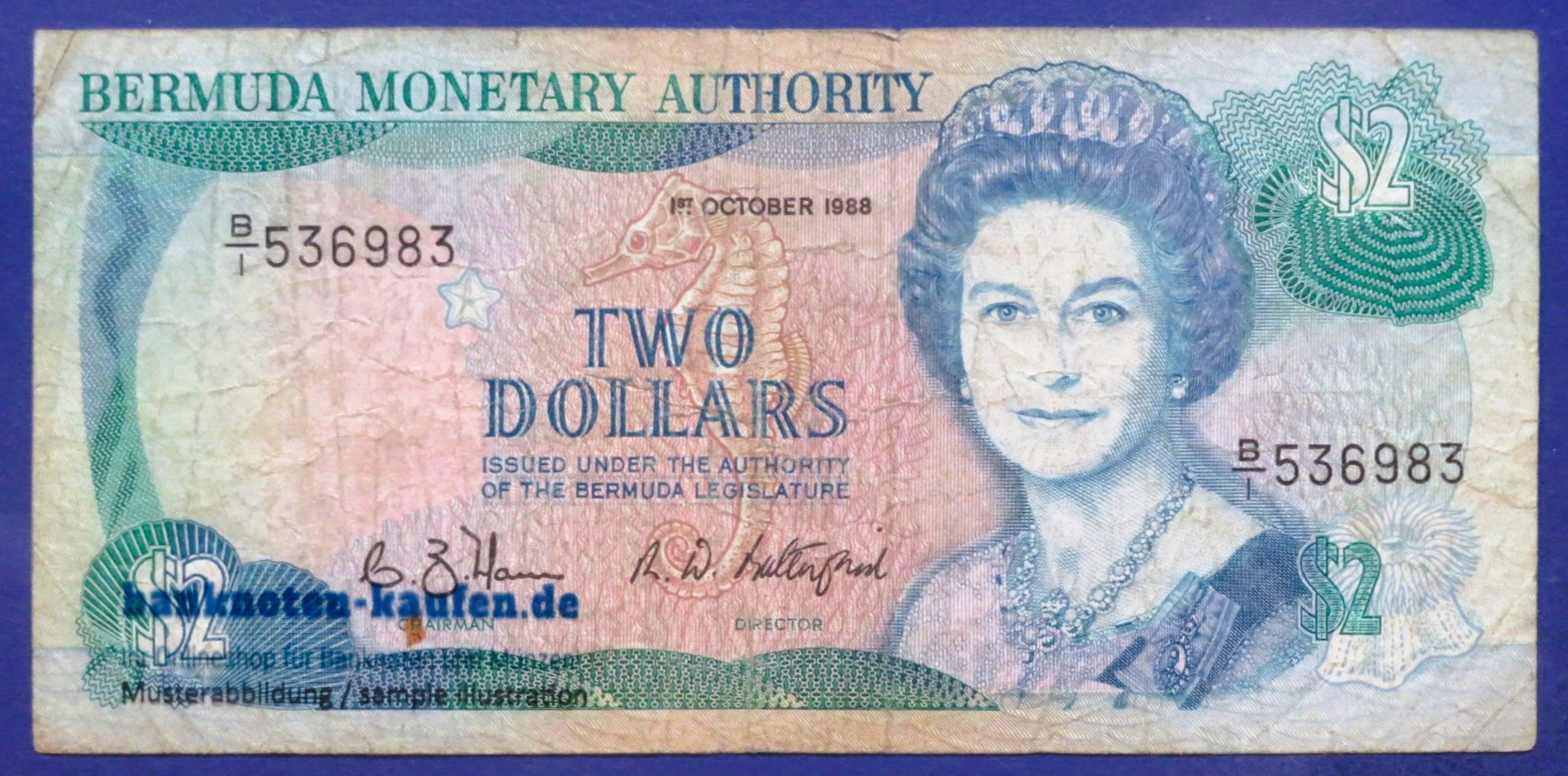 Bermuda, 2 Dollars, 1988, circulated (USED / F), P-34a