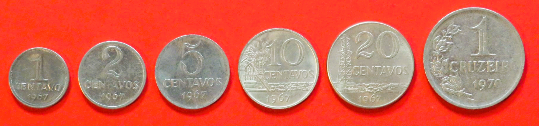 Brazil: 1/2/5/10/20 Centavos + 1 Cruzeiro, 1967/1970, circulated (used / vf)