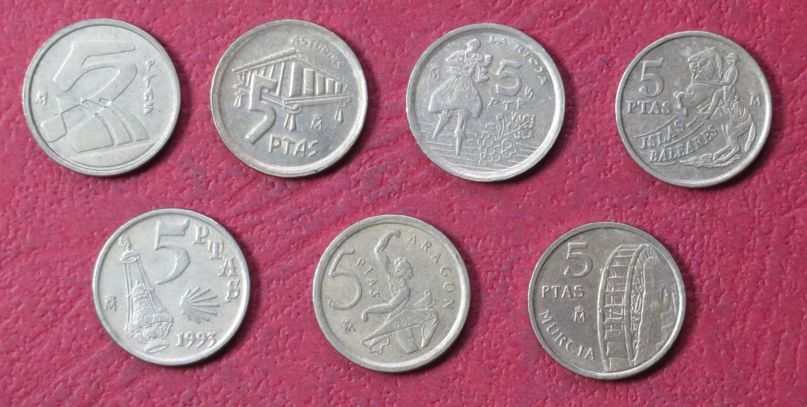 Spain Set 5-Pts:  7 different coins of 5-Pesetas, 1989-2001, circulated (USED)