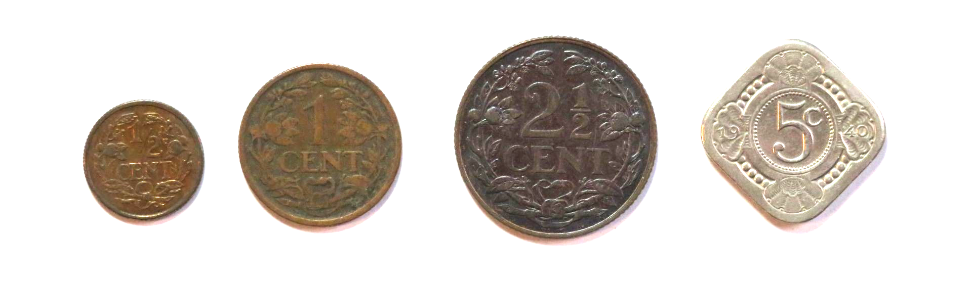 Niederlande - Set 1: Set 4 Münzen, 1/2-5 Cent, 1909-1943, gebraucht (USED / ss)