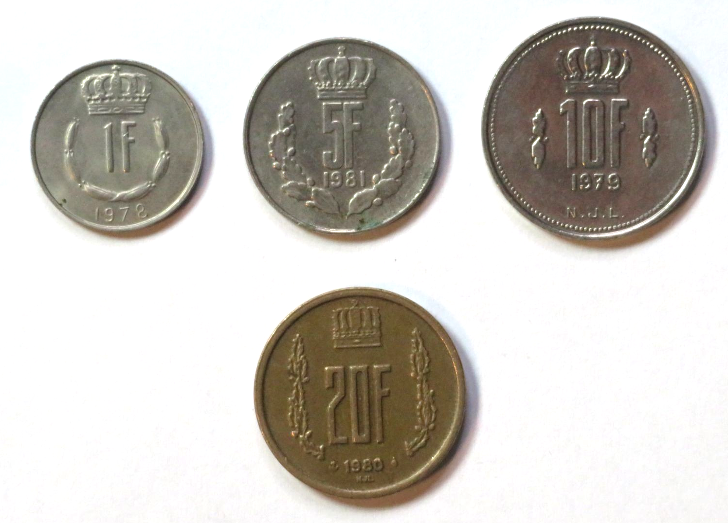 Luxemburg-Set 3: 4 Münzen, 1/5/10/20 Francs, 1965-84, gebraucht (USED / ss)