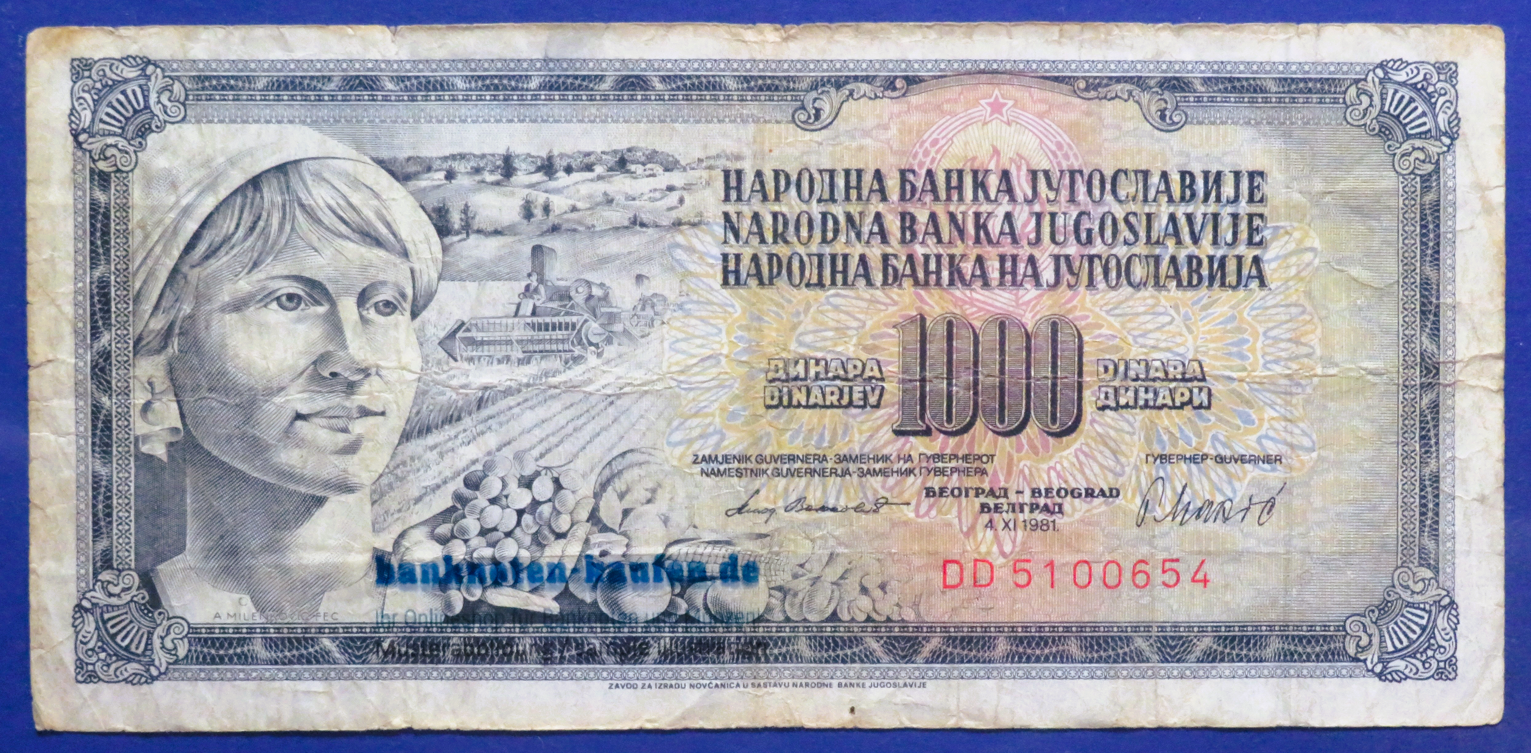 Jugoslawien, 1.000 Dinara, 1981, gebraucht (USED / F), P-92d