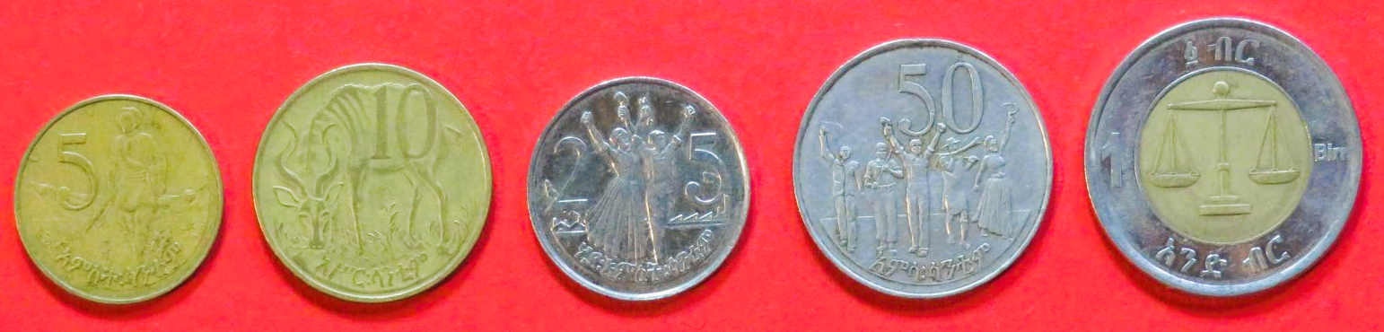 Äthiopien - Set 1: 5/10/25/50 Santeem + 1 Birr, 1976+, gebraucht (used / ss), # 51-54/71