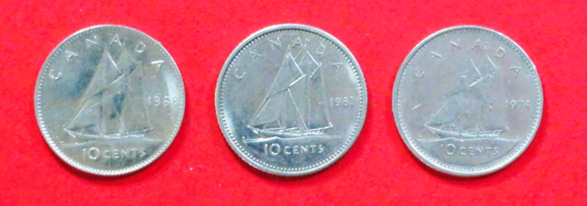 Canada - Set:  3 x 10 Cents (variants), 1968-1989, circulated (used / vf), # 61b.1/61b.3/61b.4