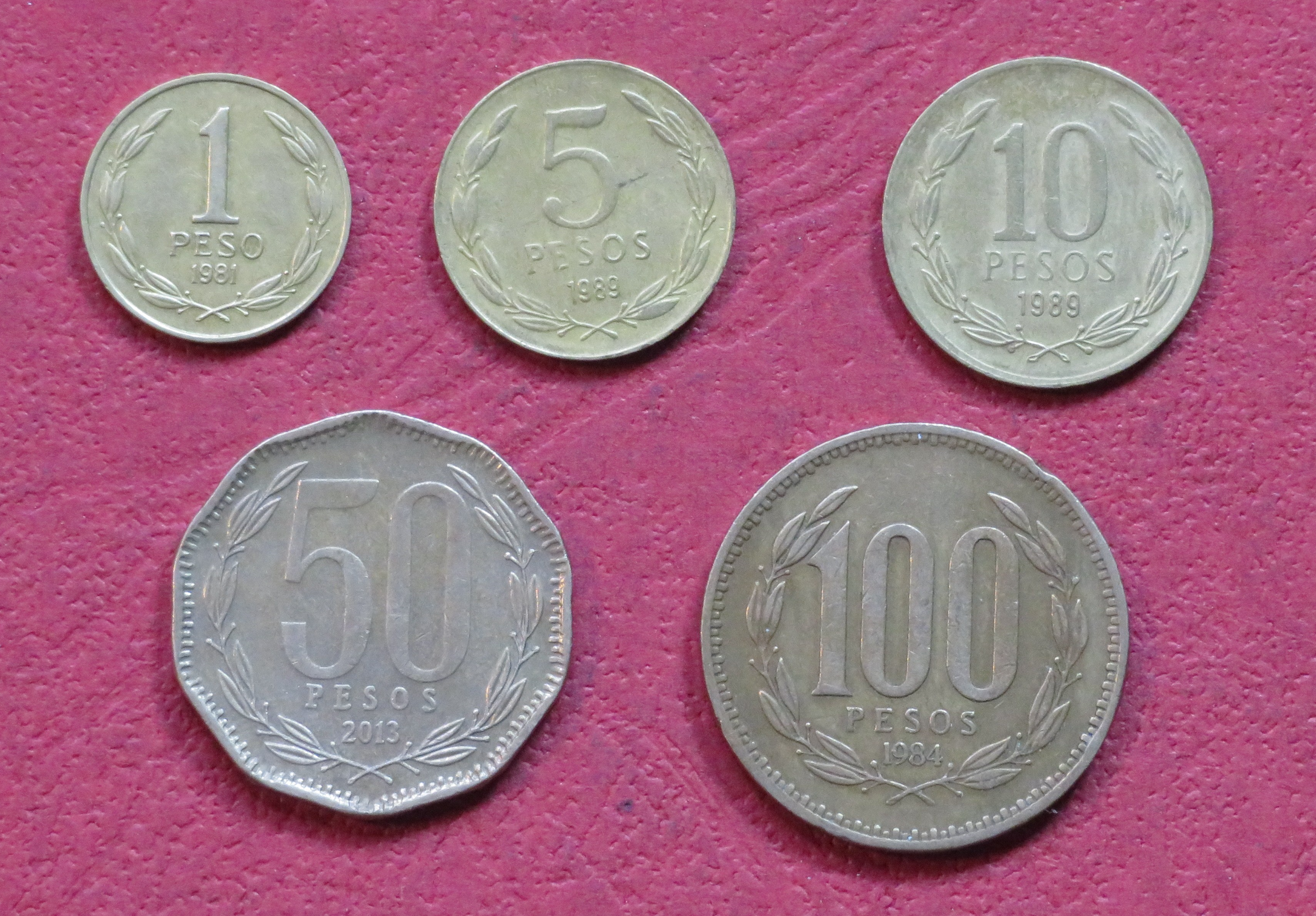 Chile, Set Nr. 4: set of 5 coins, 1-100 Pesos, 1981-2015, circulated (USED / VF)