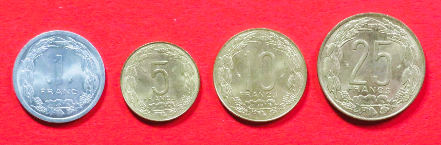 Central African States - Set 1:  1/5/10/25 Francs, 1973-2003, circulated (used / vf), # 17-20
