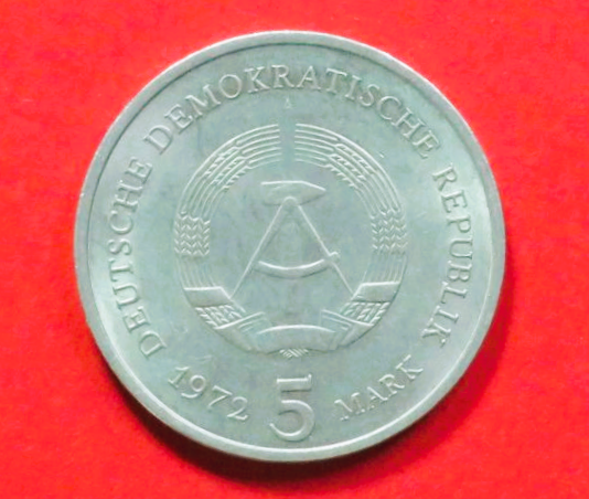 DDR: 5 Mark, 1972, gebraucht (used / ss-vz), Gedenkausgabe, # 37