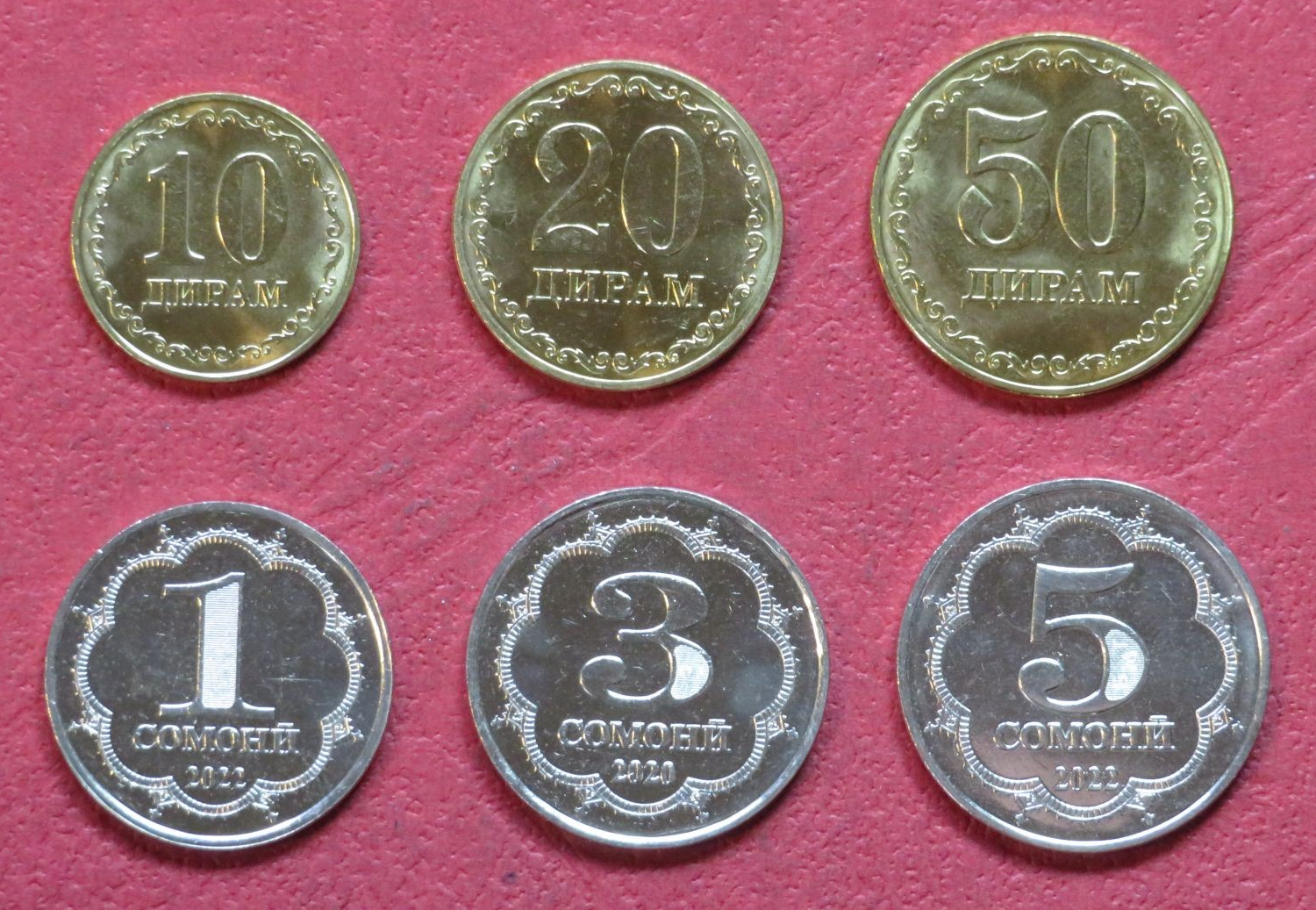 Tajikistan, set of 6 circulating coins, 0,1-5 Somoni, 2020-2022, uncirculated (UNC)