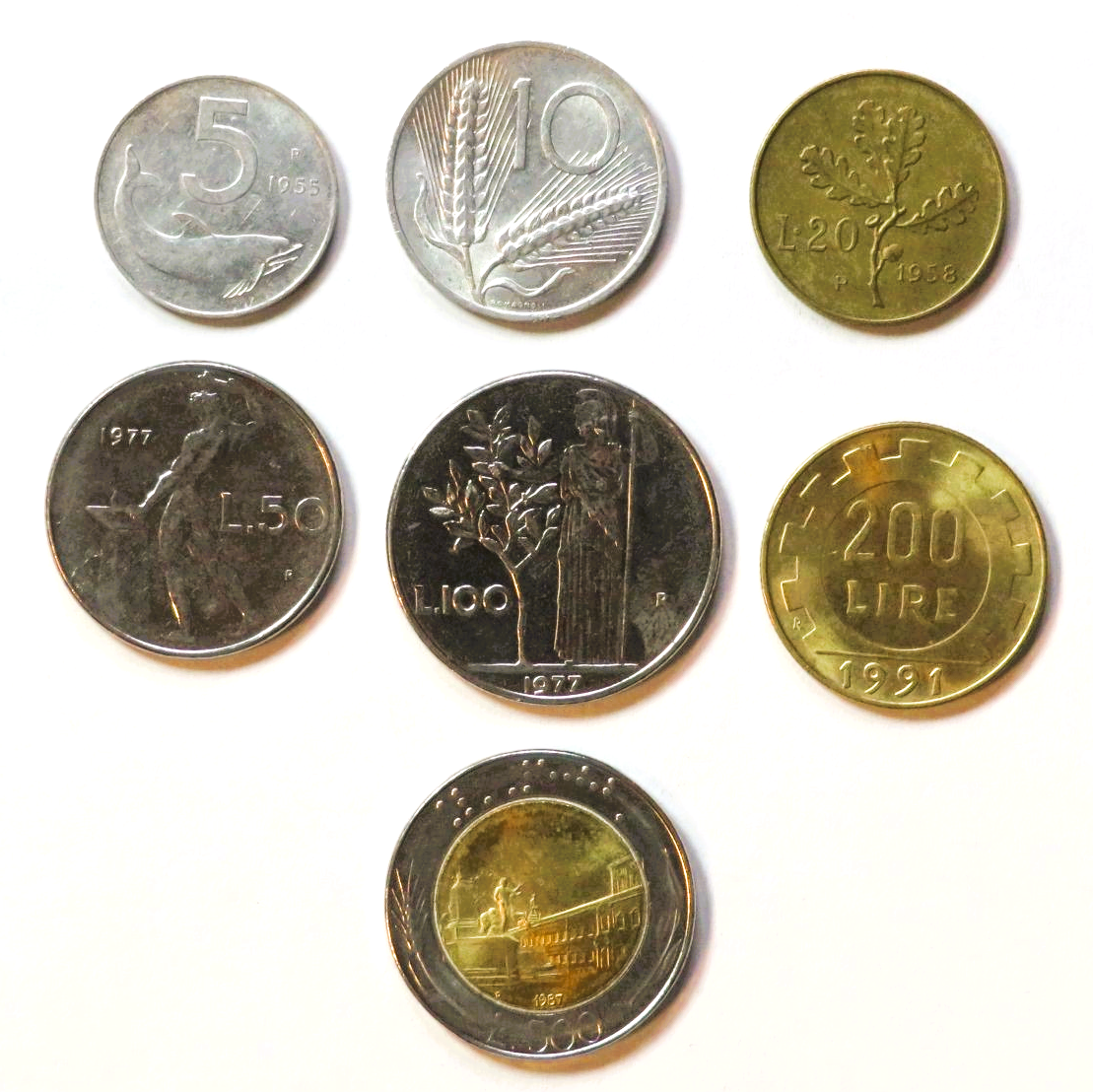 Italy - Set 2: set of 7 coins, 5-500 Lire, 1951-2001, circulated (USED / vf)   