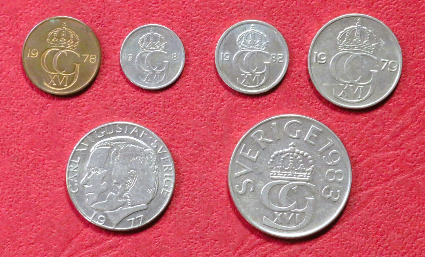 Sweden - Set 5: set of 6 coins, 0,05-5 Kronor, 1976-2009, circulated (USED / vf)