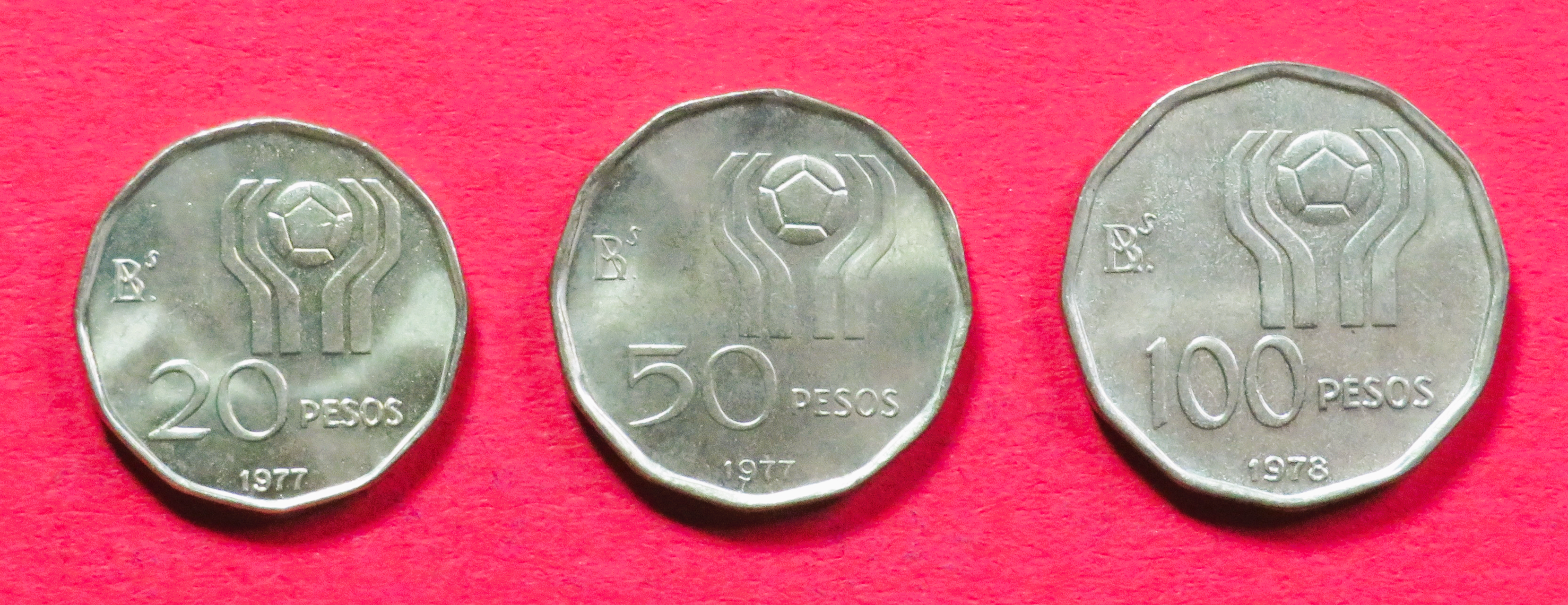 Argentina - Set 7:  20/50/100 Pesos, 1977-1978, circulated (used / xf), Commemorative issue, # 75-77