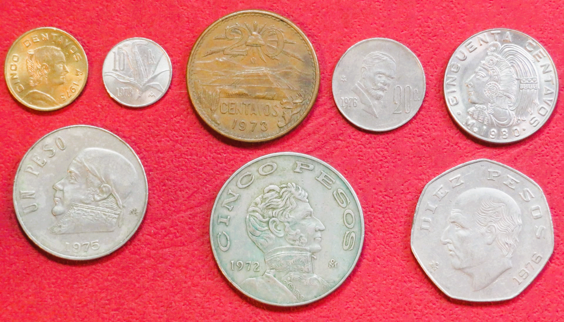 Mexiko - Set 2: Lot 8 Münzen, 0,05-10 Pesos, 1970-1985, gebraucht (USED / ss)