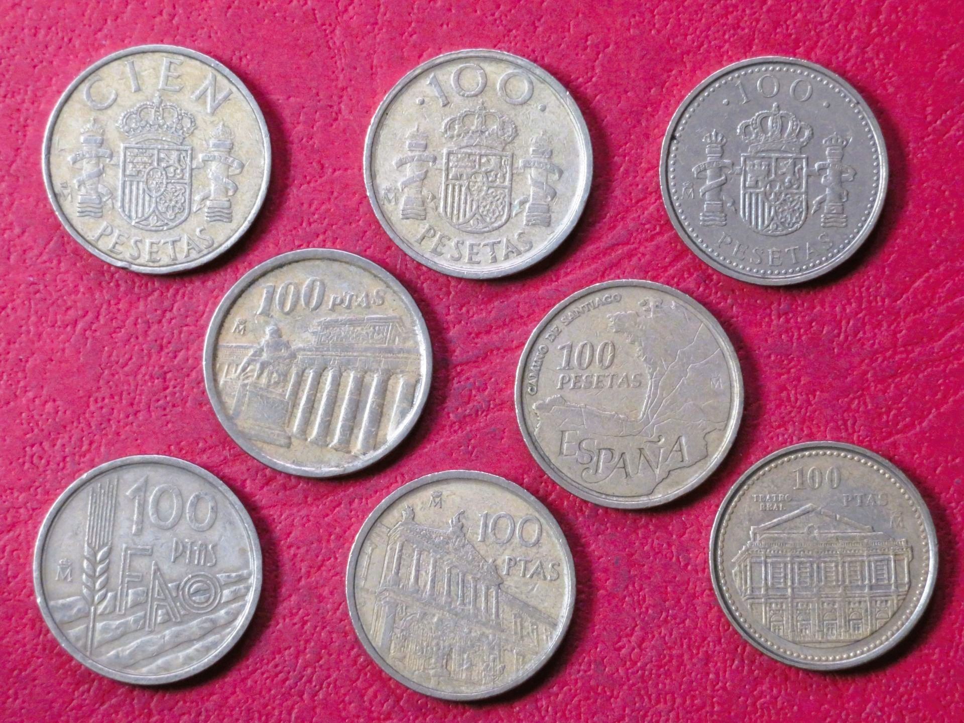 Spain - Set 100-Pts:  8 different coins of 100-Pesetas, 1982-2000, circulated (USED / vf)