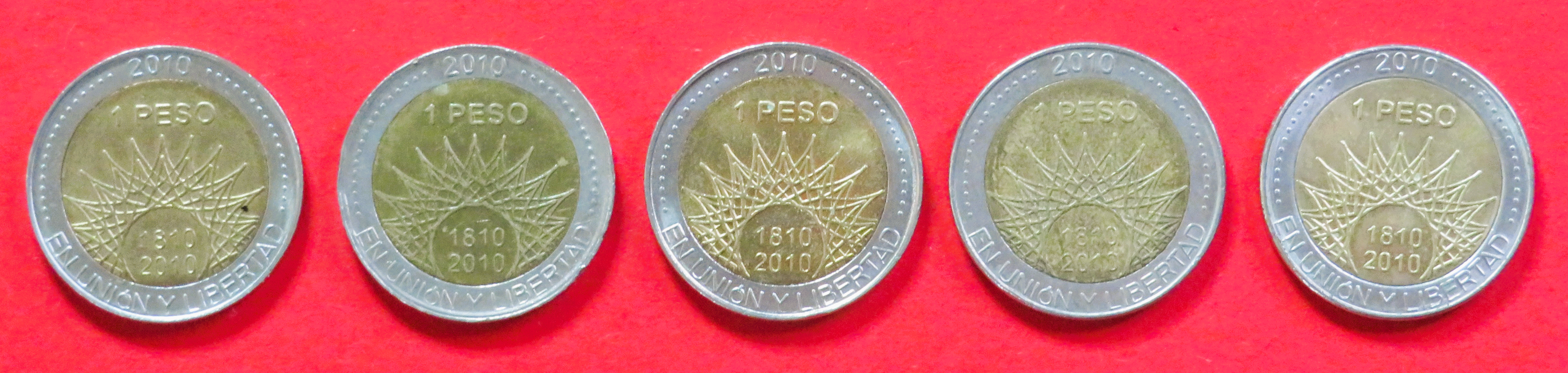 Argentina - Set 14:  5x1 Peso, 2010, circulated (used / vf-xf), Commemorative issue, # 165-169