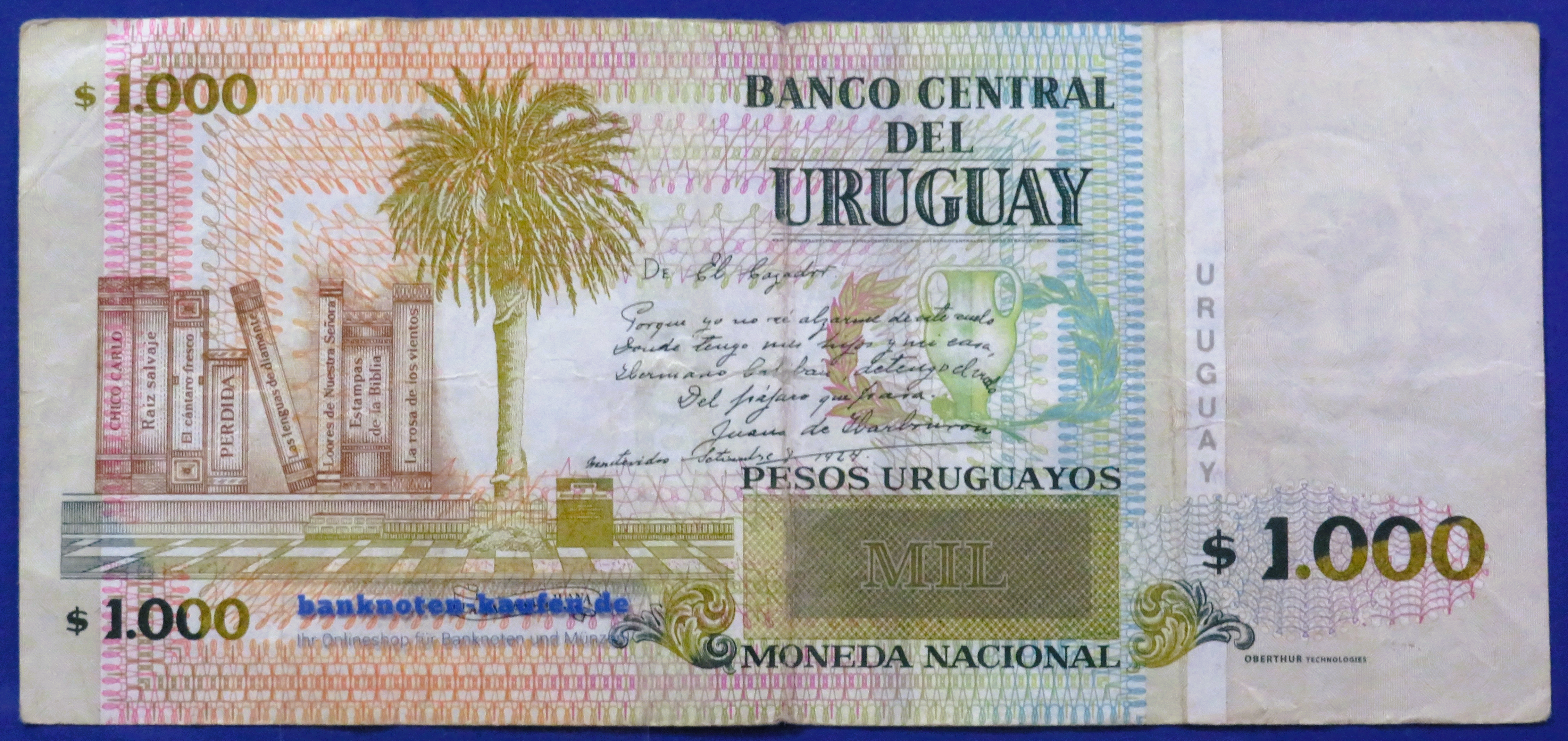 Uruguay - 1,000 Pesos Uruguayos, 2011, circulated (USED / F), P-91c