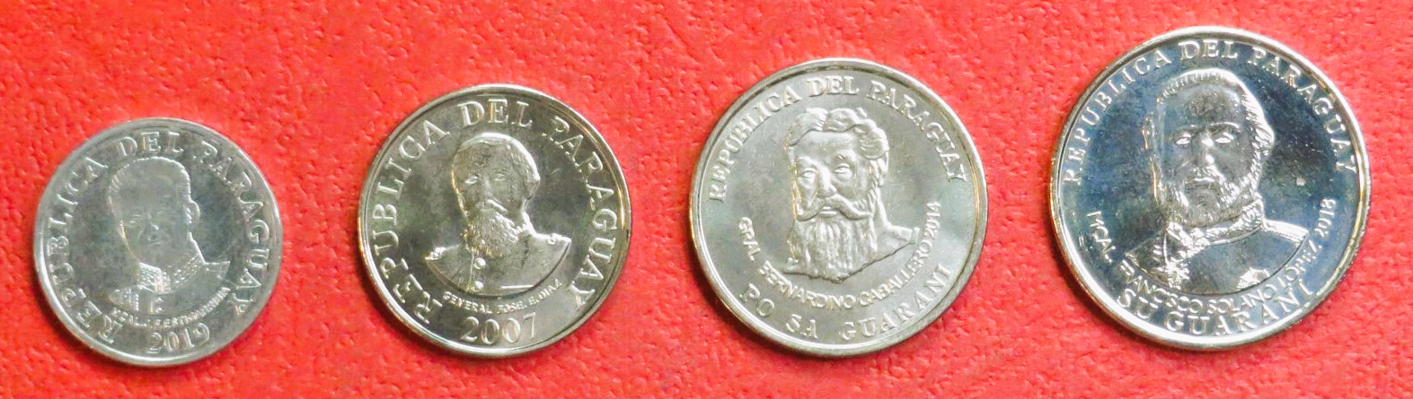 Paraguay, Set of 4 coins, 50-1,000 Guaranies, 2007-2019, uncirculated (UNC)
