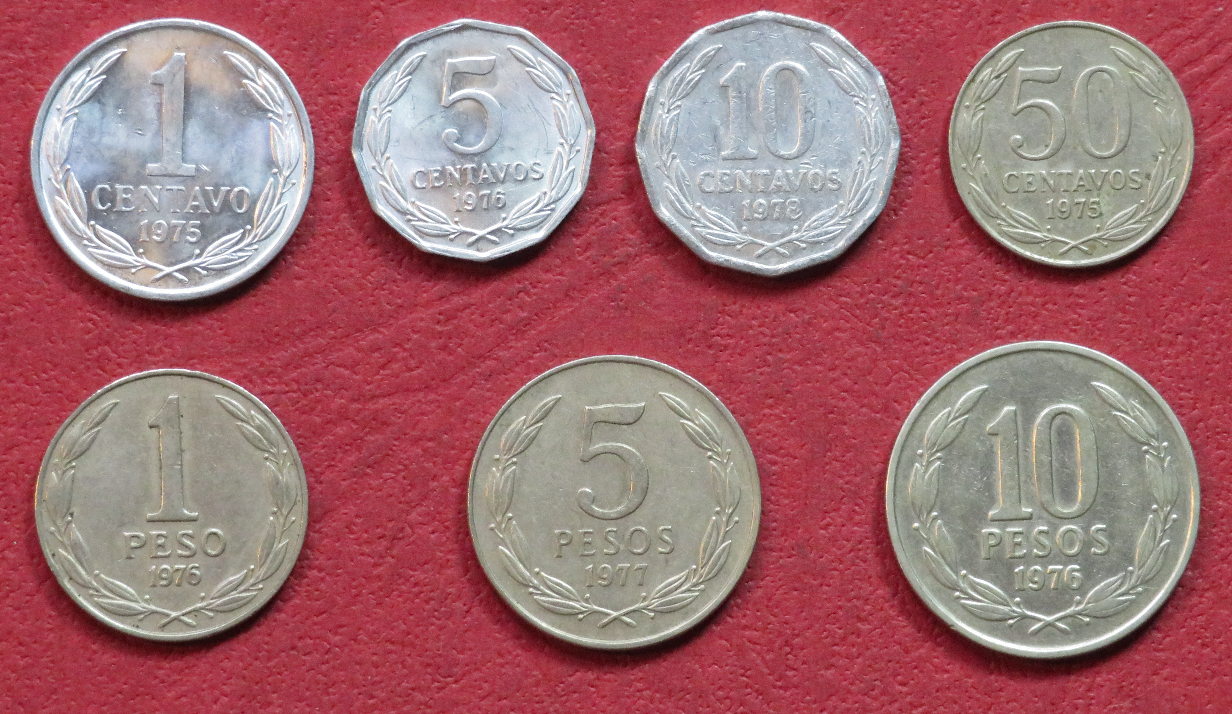 Chile, Set Nr. 3: set of 7 coins, 0,01-10 Pesos, 1975-1980, circulated (USED / VF)