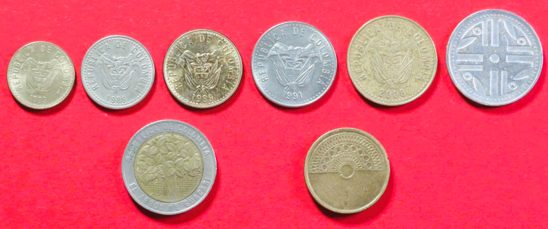 Kolumbien - Set 6:  5/10/20/50/100/200/500/1.000 Pesos, 1989-2012, gebraucht (used / ss), # 108-115