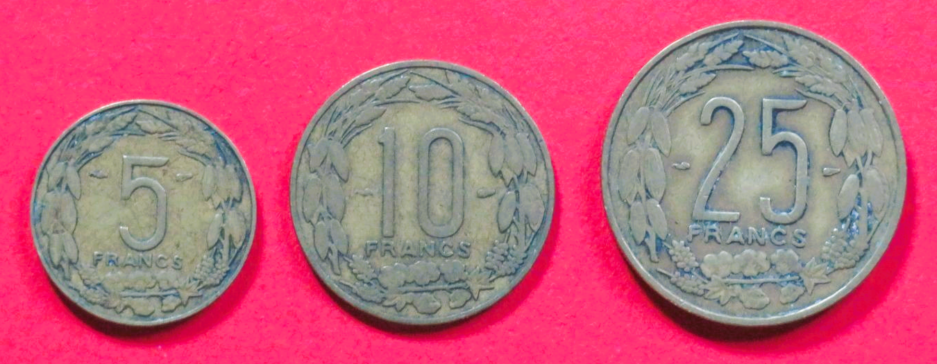 Central African States - Set:  5/10/25 Francs, 1958, circulated (used / vf), # 8-10