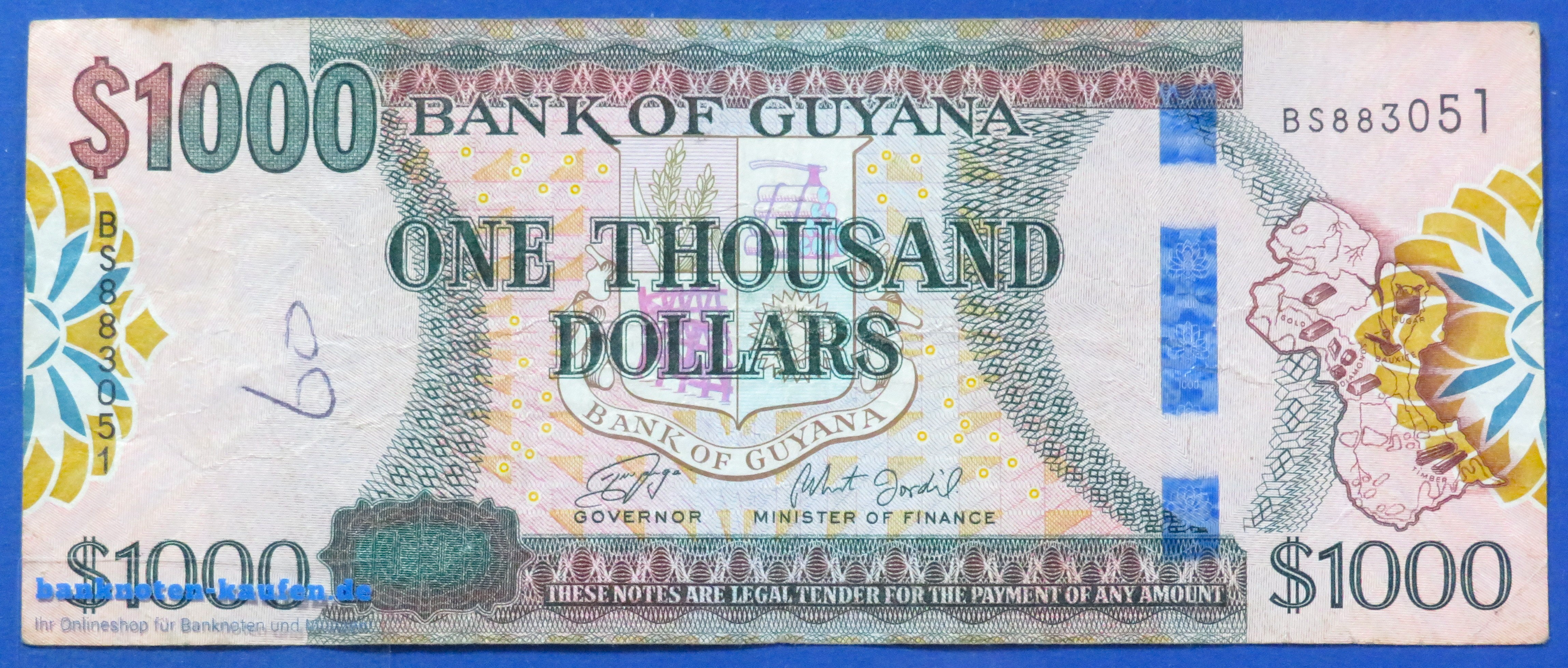 Guyana - 1,000 Dollars, 2019ND, circulated (USED / F), P-38c