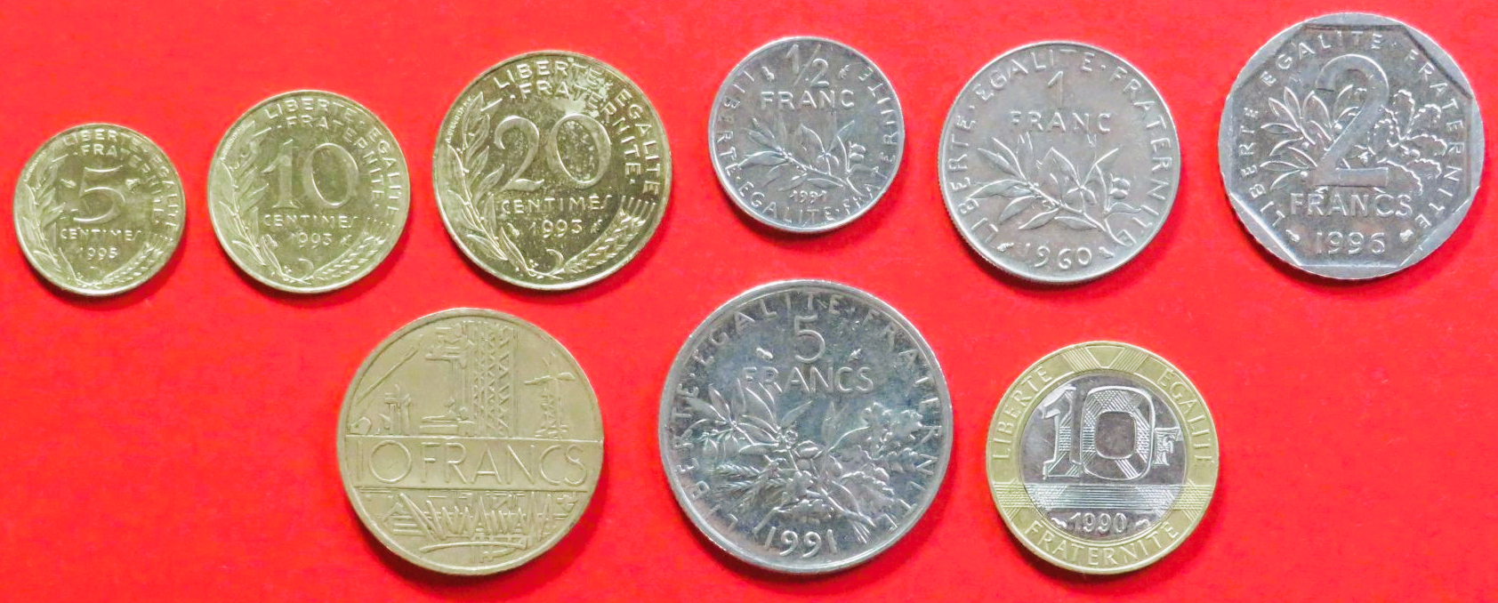 Frankreich - Set 6:  5/10/20 Centimes + ½/1/2/5/10/10 Francs, 1960-2001, gebraucht (used / ss)