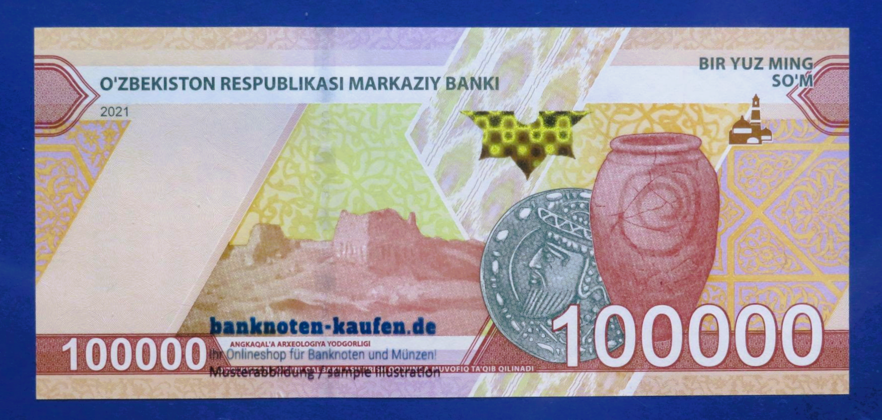 Usbekistan, 100.000 Som, 2021, kassenfrisch (UNC), P-92