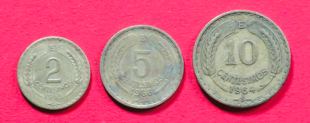 Chile - Set 1: 2/5/10 Centesimos, 1960-1970, gebraucht (used / ss), # 31-33
