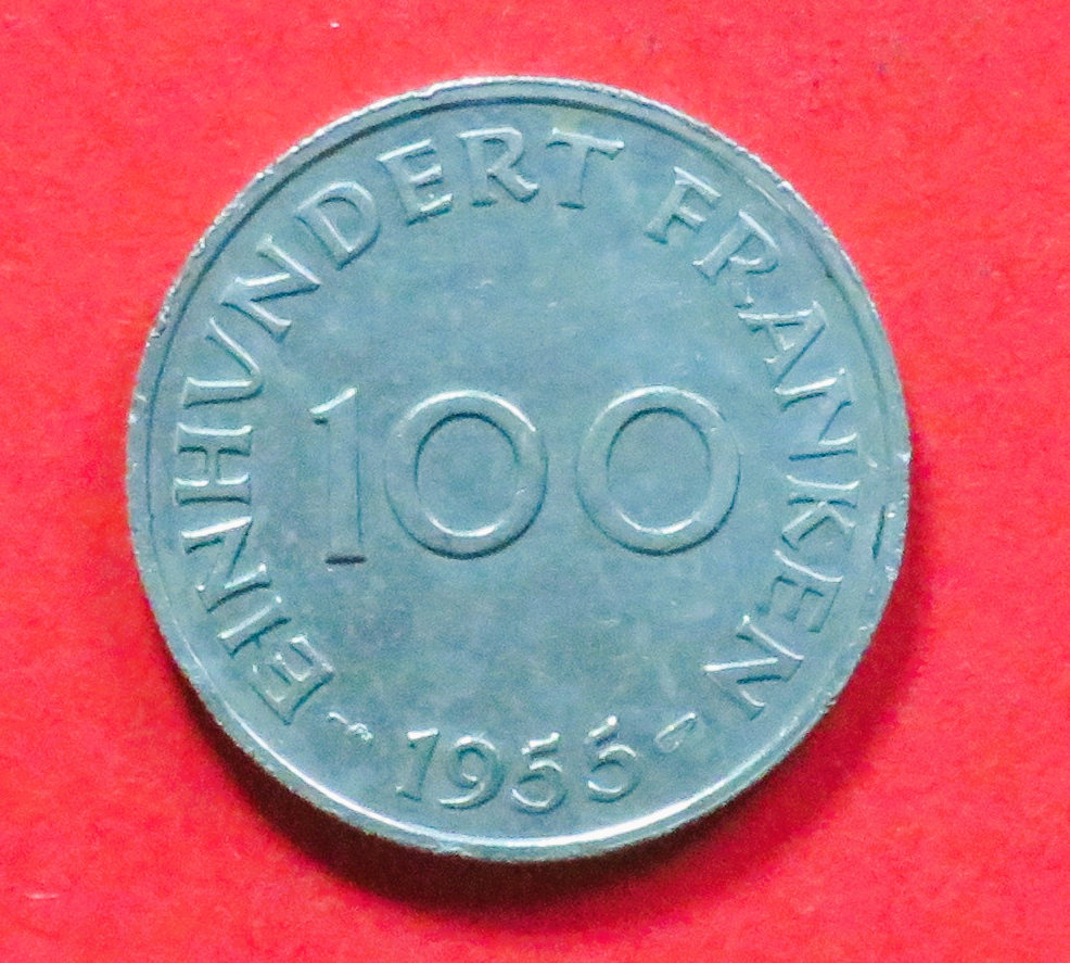 Saarland: 100 Franken, 1955, gebraucht (used / ss), # 4