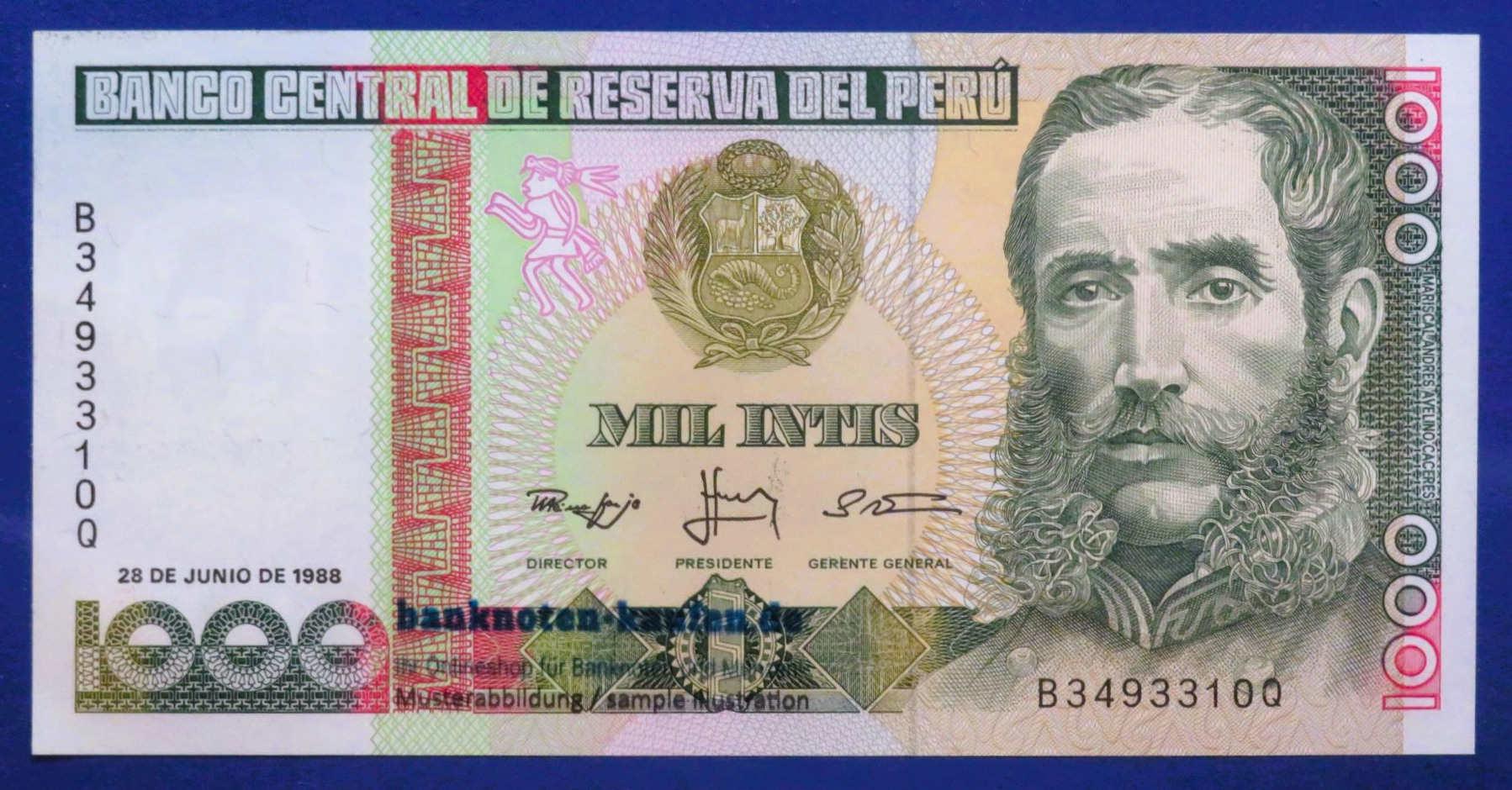 Peru - 1,000 Intis, 1988, about uncirculated (AU), P-136b